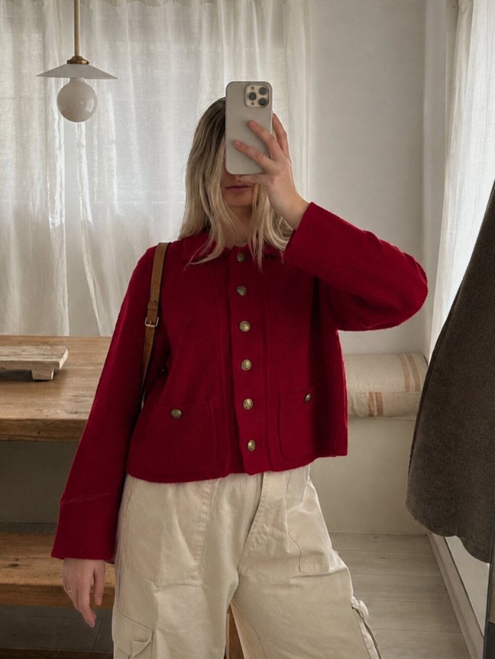 90s Boiled Wool Cardigan Size Medium Large Jacket Cherry Red Button Up (L)